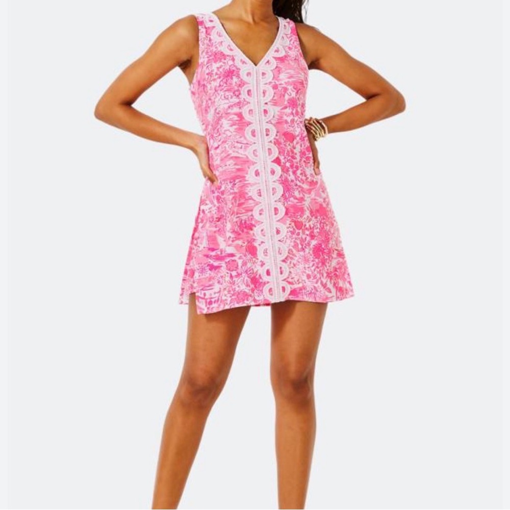Lilly Pulitzer Ronnie Romper Neon Pink Floral Shift Romper with Scallop Trim